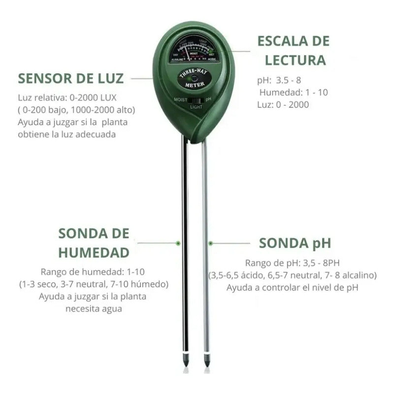 Medidor De Humedad, Luz Y Ph Para Plantas 3 En 1 Verde Musgo