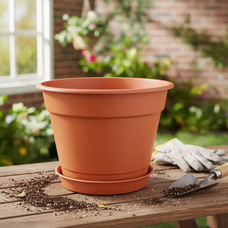 Macetero Plástico Liso 32cm con Plato - Terracota