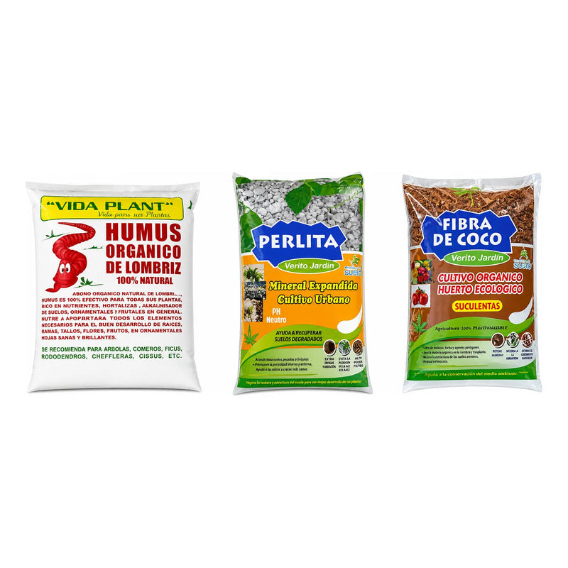 Pack Fibra De Coco Humus De Lombriz Y Perlita Sustrato