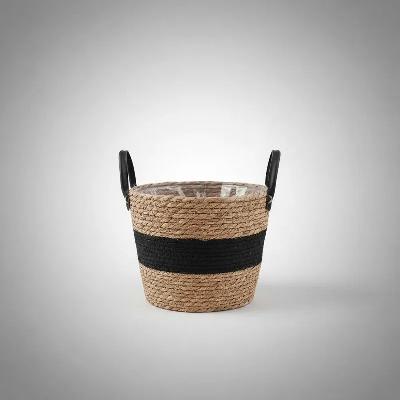 Porta Macetero Paja Grande  23 Cm Diametro Negro Bicolor